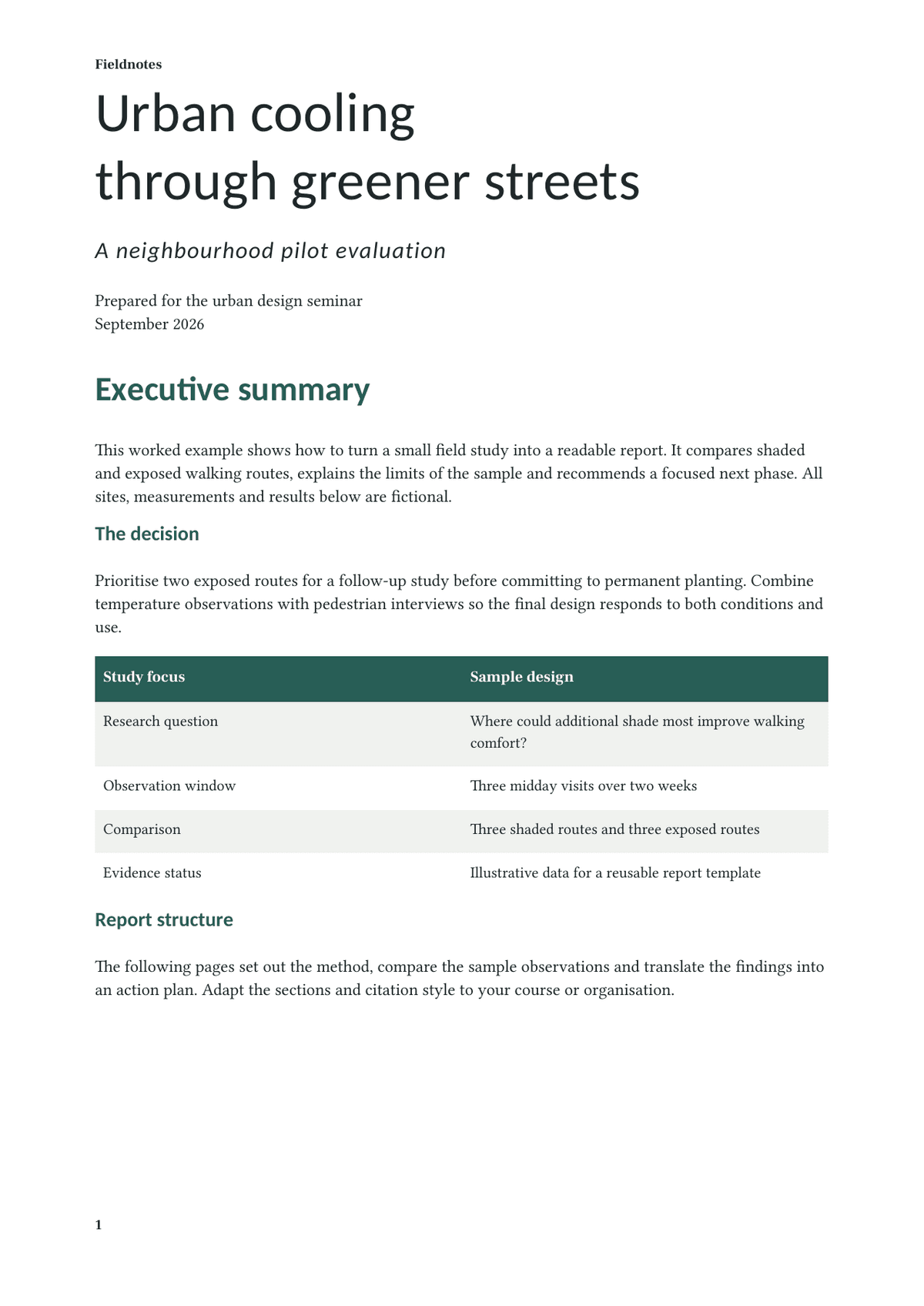 Research report template opening page