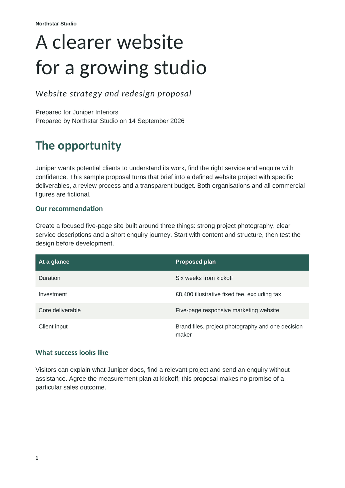 Client proposal template opening page